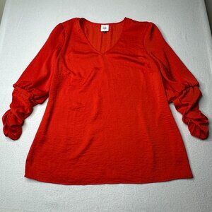 Cabi Womens Flowy Red Long Sleeve V Neck Ruched Elastic Sleeve Detail Size S